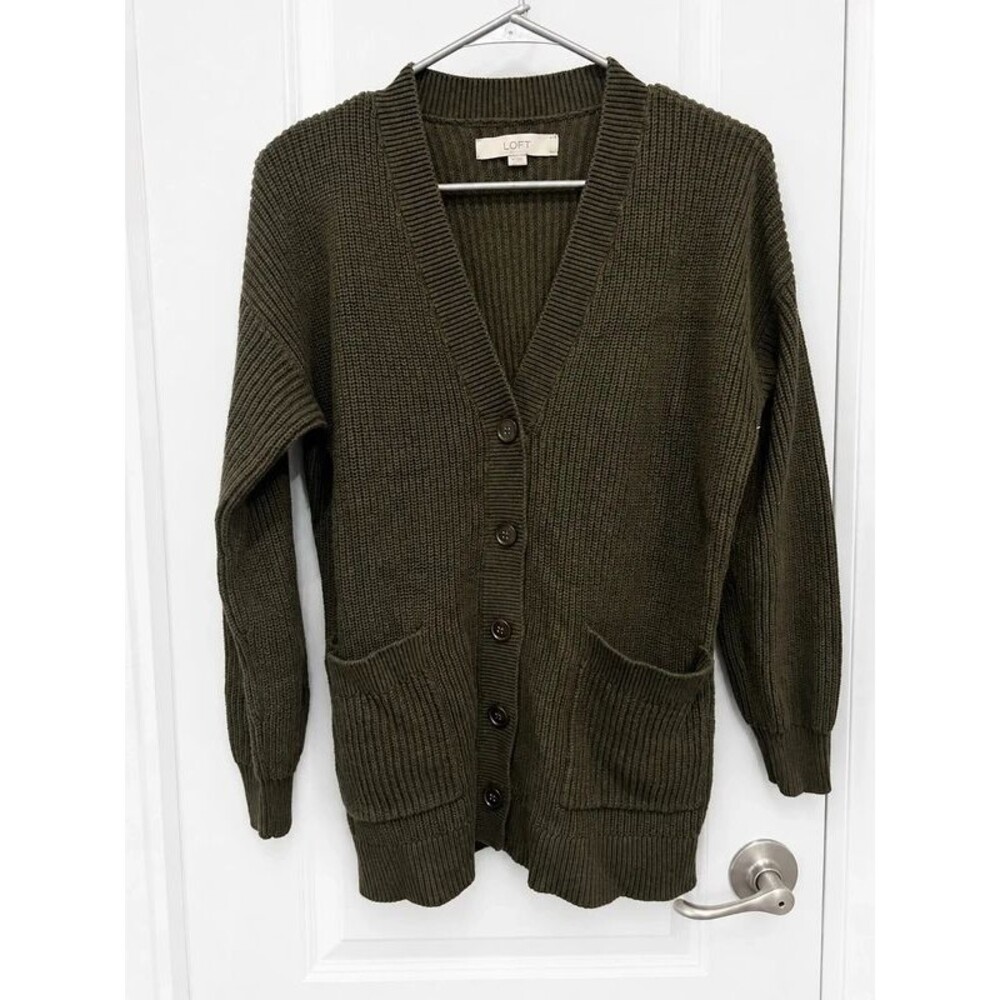 LOFT Women’s Olive Green Chunky Knit Button Front Cardigan Sweater Size Medium